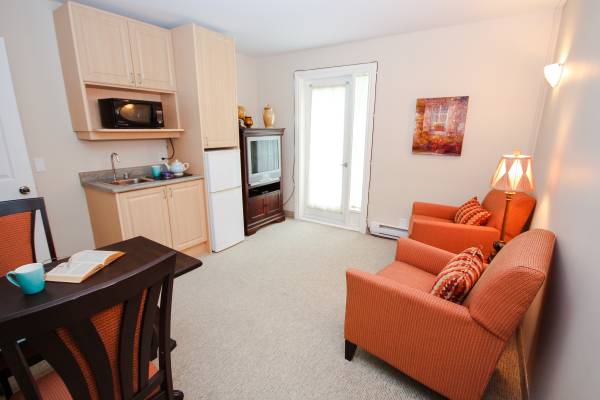 A room with two armchairs. In the background, there is a tiny kitchenette.